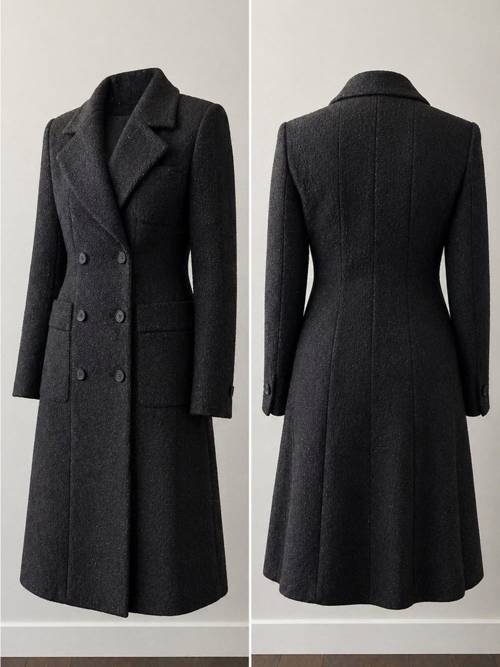 CHANEL Black Double-Breasted Wool-Blend Long Coat
